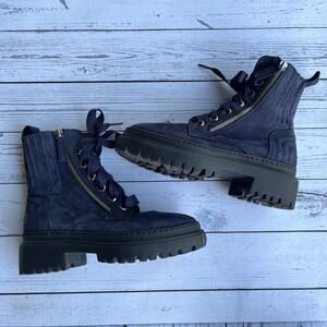 Ron White Navy Nubuck Leather Suede Boots Lug Sole‎ Italy Luxury Designer $545